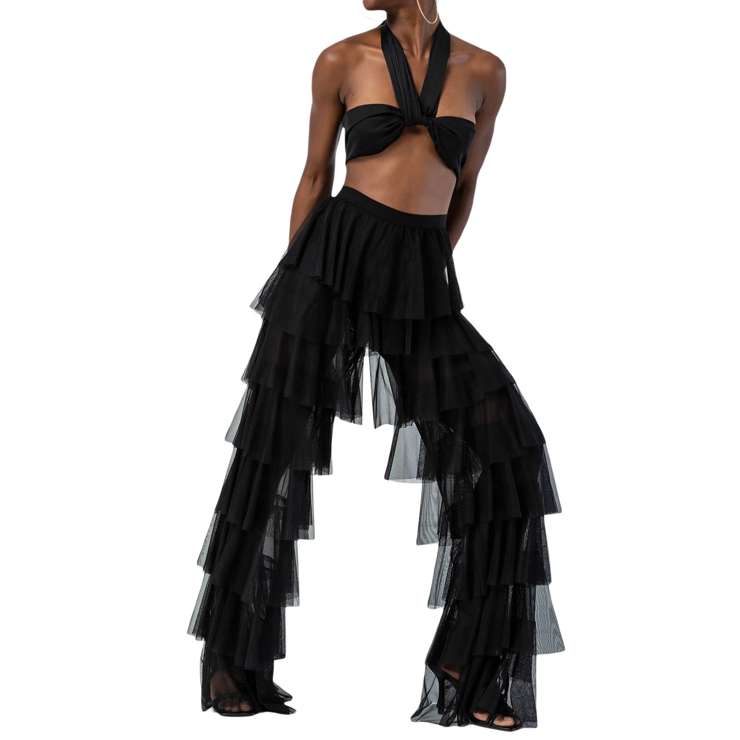 Women's Tiered Ruffled Tulle Pants Cover Up Pants Loose Sheer Layered Tulle Loose Long Trousers Layered Pants Streetwear