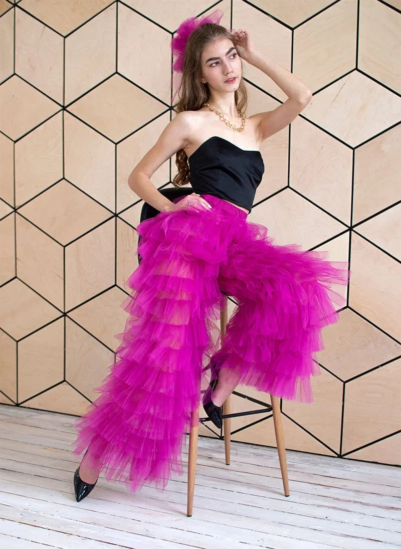 Women Pants Tulle Pants Solid Patchwork Multi-Layer Ruffle Yarn High Waist Female Trousers Fashion Trousers Club Party Costumes