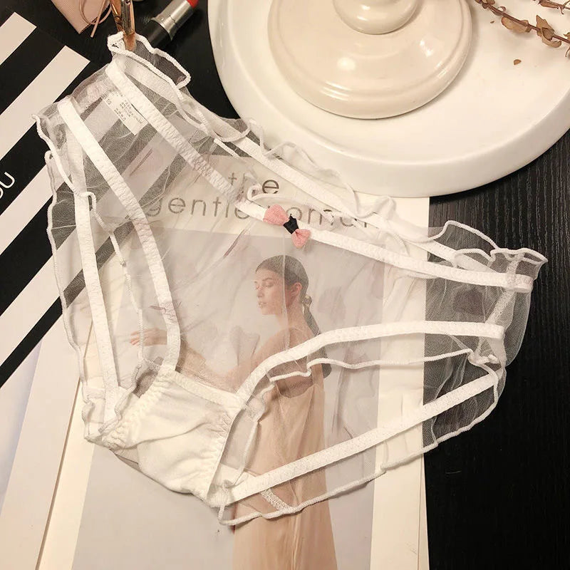 Women Sexy Transparent Panties Pink Bow Cotton Crotch Briefs Female Mesh Breathable Underwear Wave Edged Hollow Out Underpants