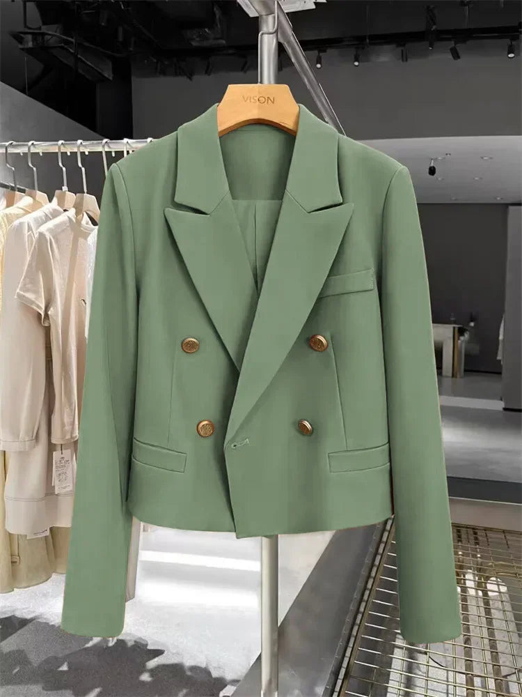 Women's Short Suit Jacket  Autumn 2025 Female Casual Suit Double-breasted Office Lady Solid Coffee Turndown Collar Blazers Women