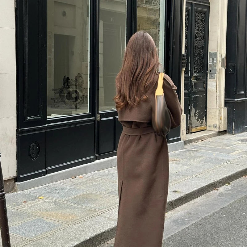 Woolen Breasted Long Coat Women Lapel Double Breasted Casual Pocket Chic Elegant Outwear Autumn Winter Street Lady Overcoat