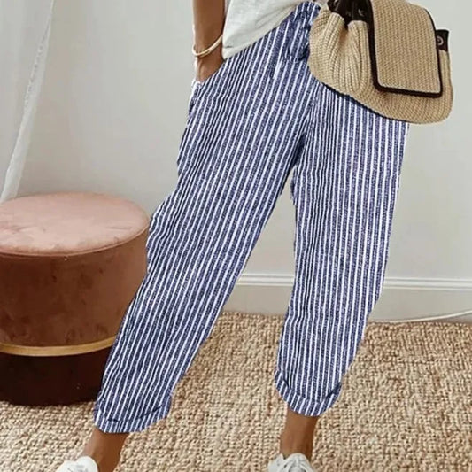 2025 New Women's Trousers Stripes Casual Loose Fashion Elastic Waist Pocket Straight Basic Pants