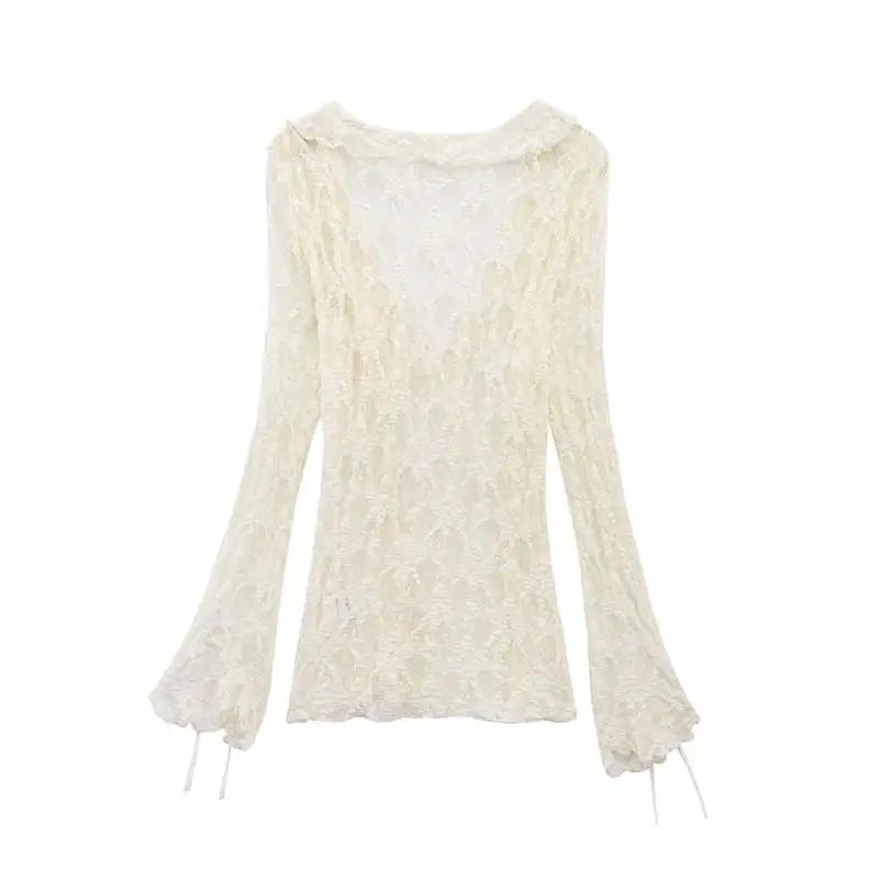 Women's Tops Summer 2025 New Chic Lace Perspective Elegant Holiday Tops Women Street Fashion Slim V-neck Youth Tops