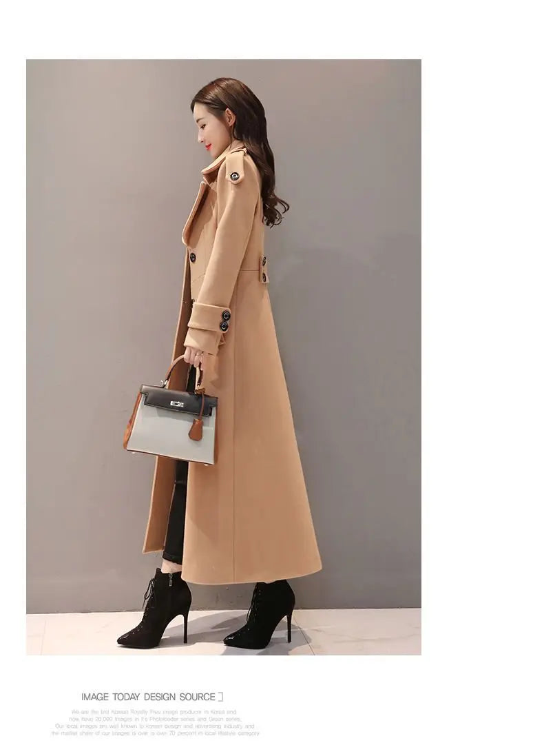 Women's Long Woolen Coat 2023 Spring Autumn New Korean Waist Slimming Over-Knee Thick Keep Warm Woolen Coat Lady Overcoat