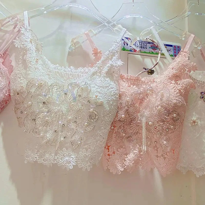 Women Clothing Heavy Beading Floral Tank Sexy Crop Tops Ropa Mujer Lace Butterfly Top Navel Baring Sexy Cropped Top Summer Camis