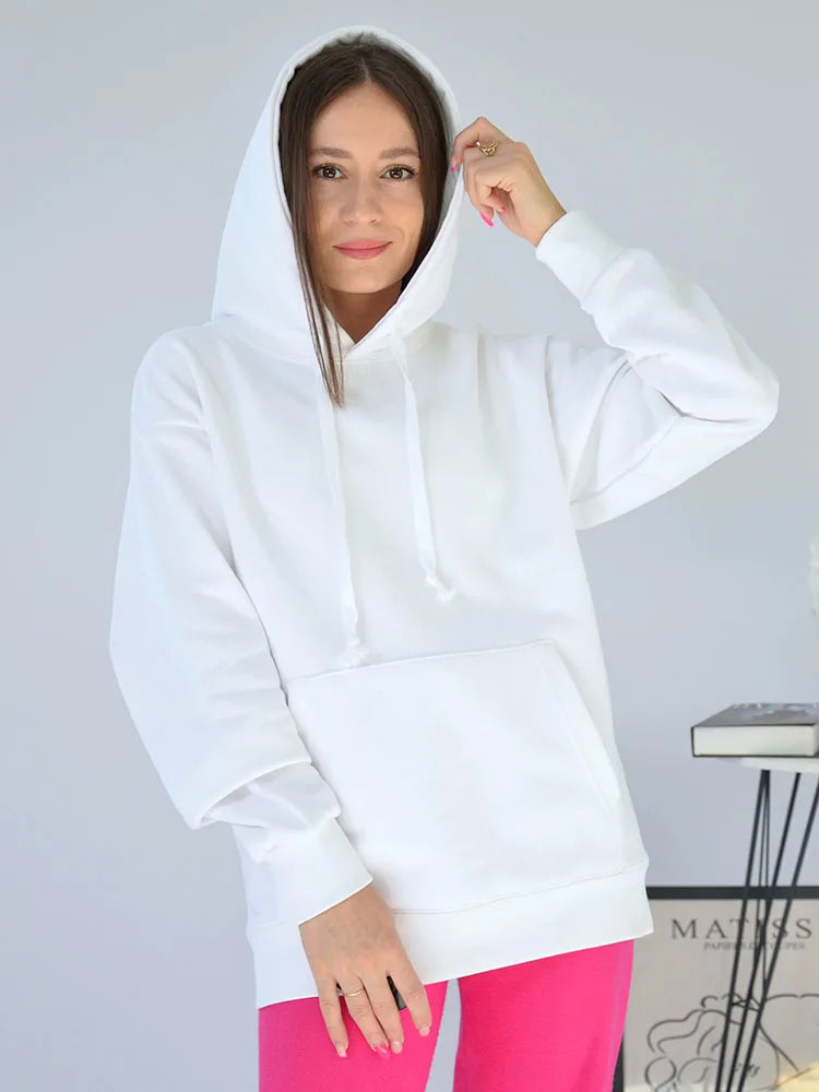 Solid Oversize Hoodies For Women Pocket Casual Loose Hooded Sweatshirt Woman Autumn Cotton Terry Hoodies Women Oversize Pullover