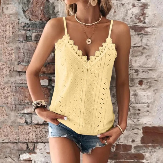 Women'S Tank Top V Neck Lace Camisole Casual Cute Summer Top Loose Fit Creme Crop Top Thin Strap Shirt Vest Clothing Woman