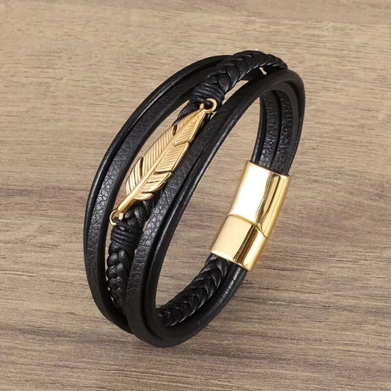 Men's Classic Multi Layered Leather Feather Metal Magnetic Buckle Bangles Bracelet Business Casual Party Jewelry Gift for Men