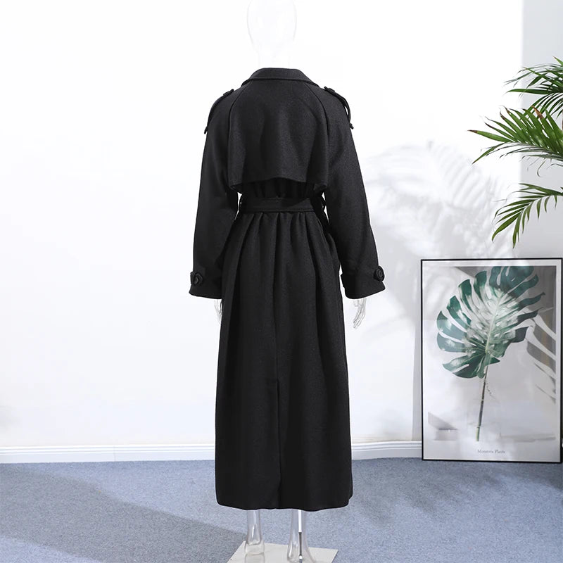Woolen Breasted Long Coat Women Lapel Double Breasted Casual Pocket Chic Elegant Outwear Autumn Winter Street Lady Overcoat