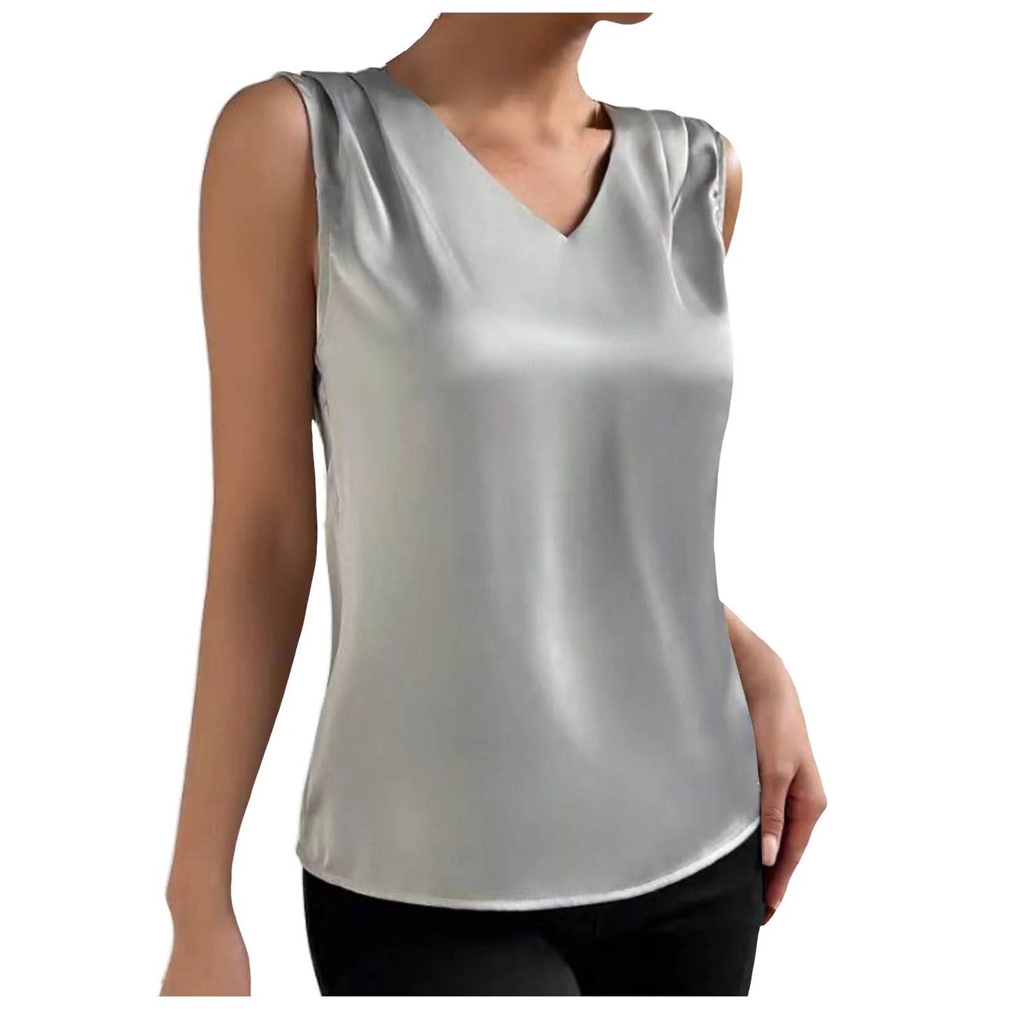 Coffee Tops For Women Summer V Neck Casual Soild Color Satin Sleeveless Basic Vest Shirt Fashionable Simple Apparel Shirts