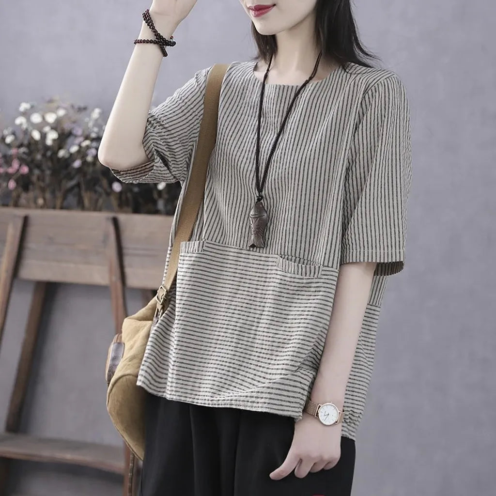 Women's Tops Fashion Loose Casual Vintage Stripe Print Floral Short Sleeves Top Blouse