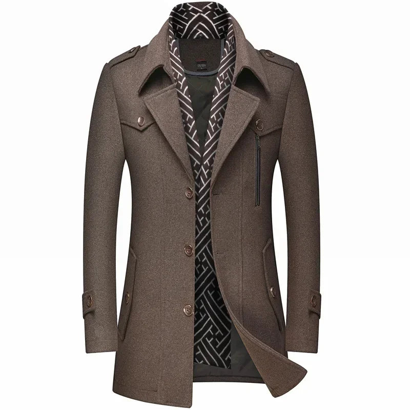 Men's Woolen Coats Fashion Thicken Mid Length Trench Turn Down Collar Warm Outerwear Business Casual Wool Coat