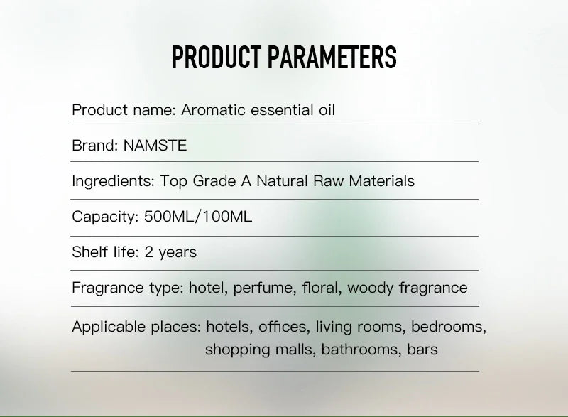 NAMSTE Hotel Perfume Oil 100ML Lavender Pure Essential Oils White Tea Coffee For Diffuser Aroma Oil Room Fragrance Air Freshener