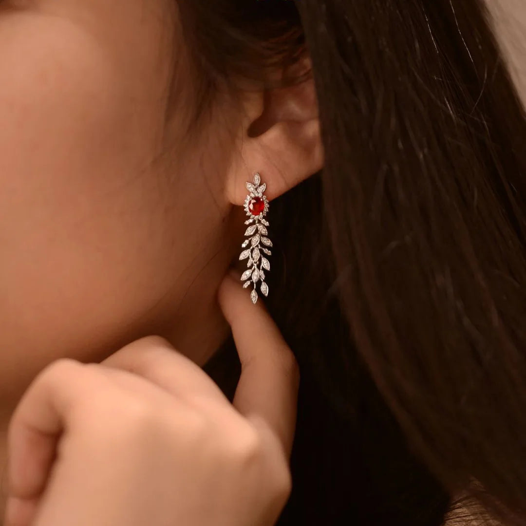 925 silver vintage exquisite style red gemstones tassels earings stud gorgeous luxury long earrings for women wedding jewelry