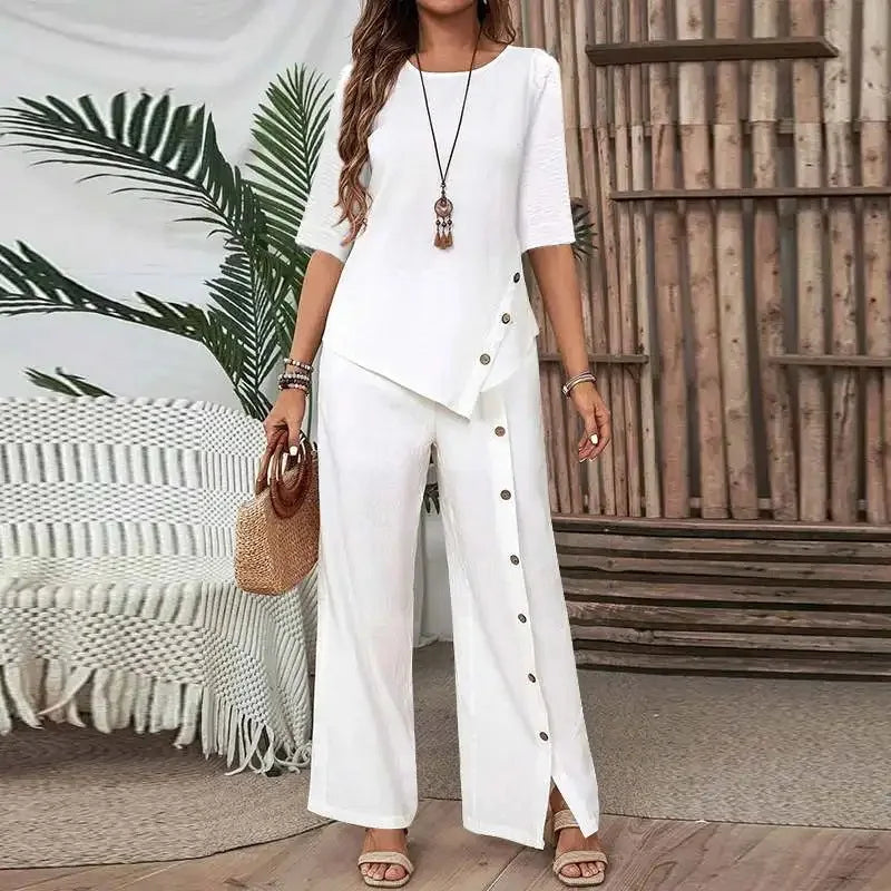 Women's Irregular Hem Trousers Set Summer Elegant Fashion Casual Button Short-sleeved Shirt Loose Casual Trousers Two-piece Set