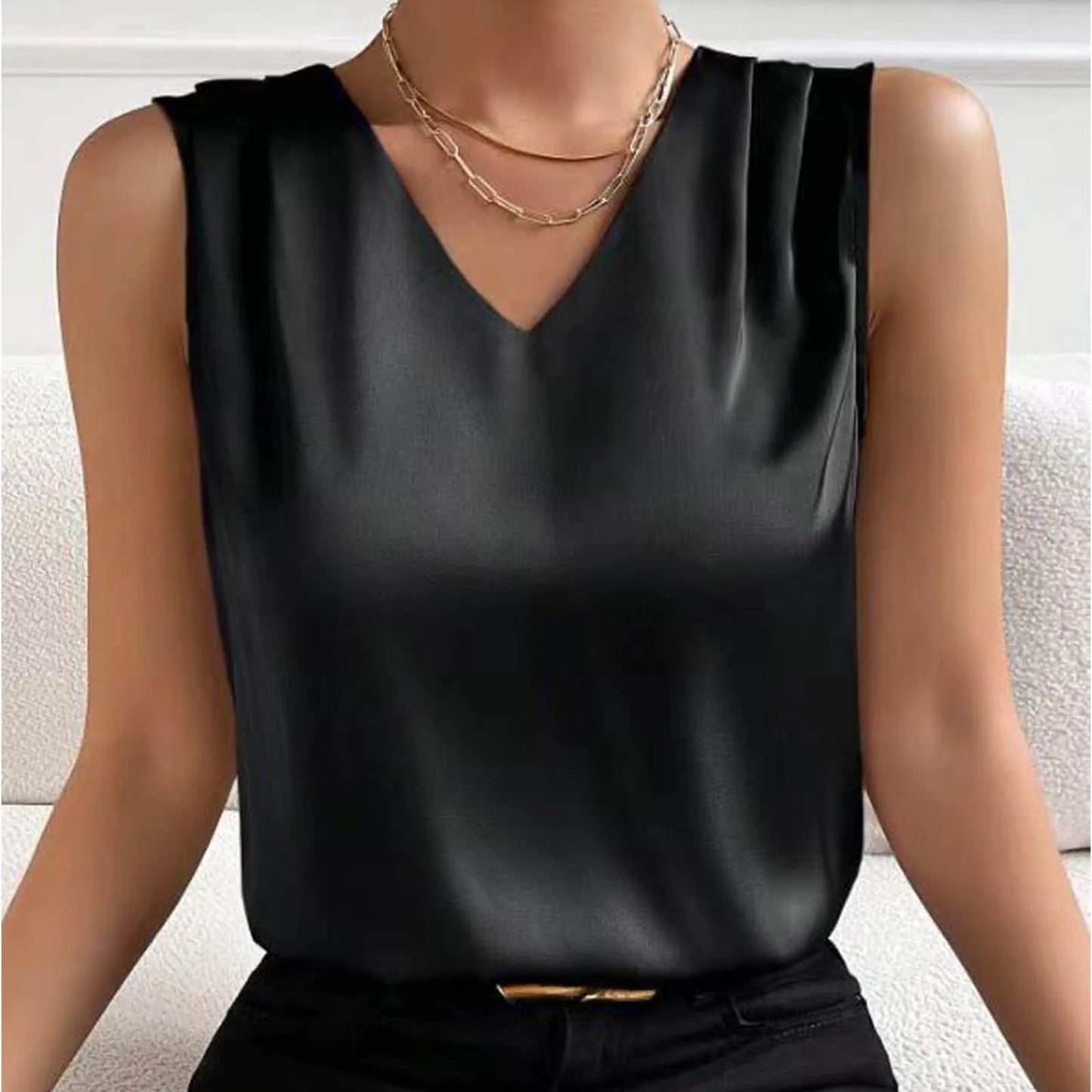 Coffee Tops For Women Summer V Neck Casual Soild Color Satin Sleeveless Basic Vest Shirt Fashionable Simple Apparel Shirts