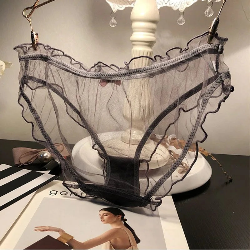 Women Sexy Transparent Panties Pink Bow Cotton Crotch Briefs Female Mesh Breathable Underwear Wave Edged Hollow Out Underpants