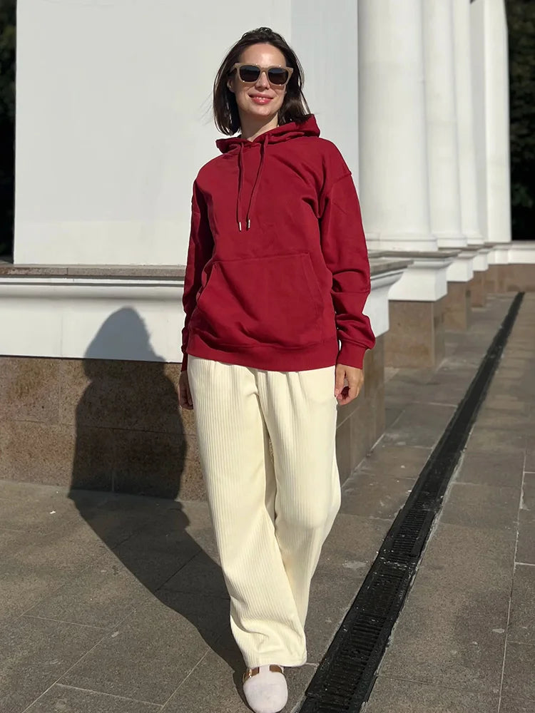 Solid Oversize Hoodies For Women Pocket Casual Loose Hooded Sweatshirt Woman Autumn Cotton Terry Hoodies Women Oversize Pullover