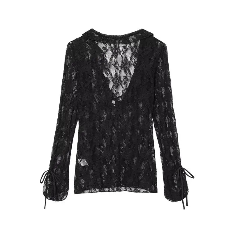 Women's Tops Summer 2025 New Chic Lace Perspective Elegant Holiday Tops Women Street Fashion Slim V-neck Youth Tops