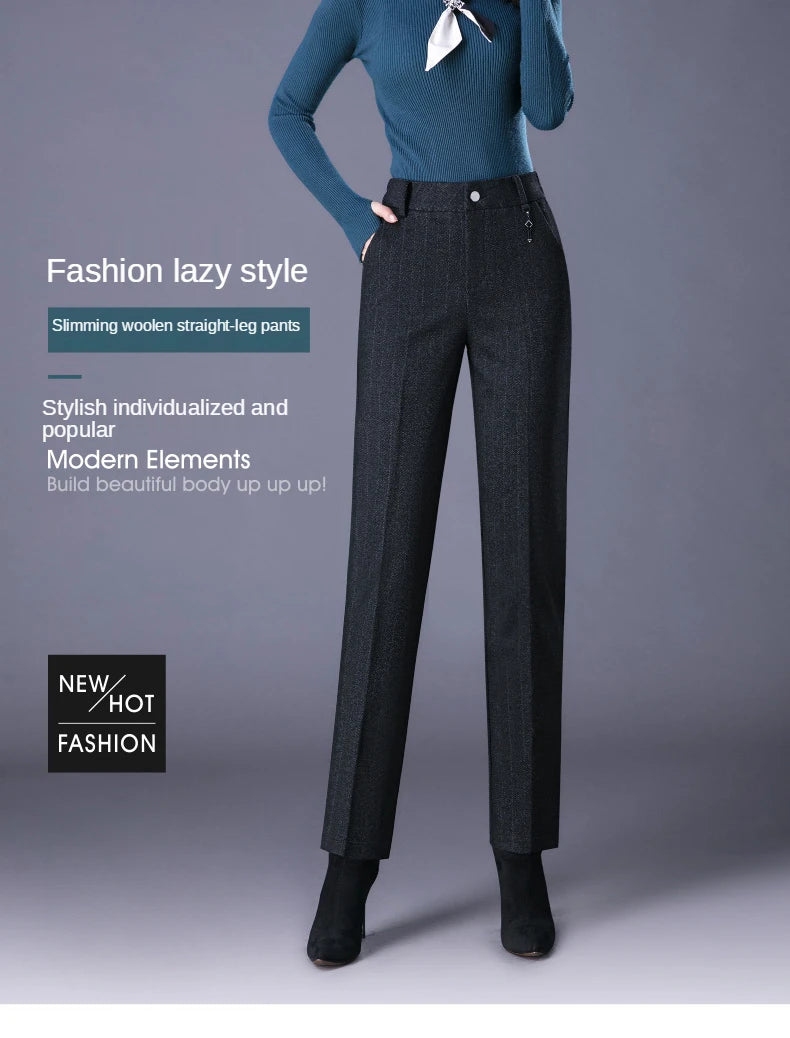 Woolen Trousers Women's Fall/winter High-waist Elastic Striped Straight-leg Pants Slim-fit Warm Trousers Pants for Women