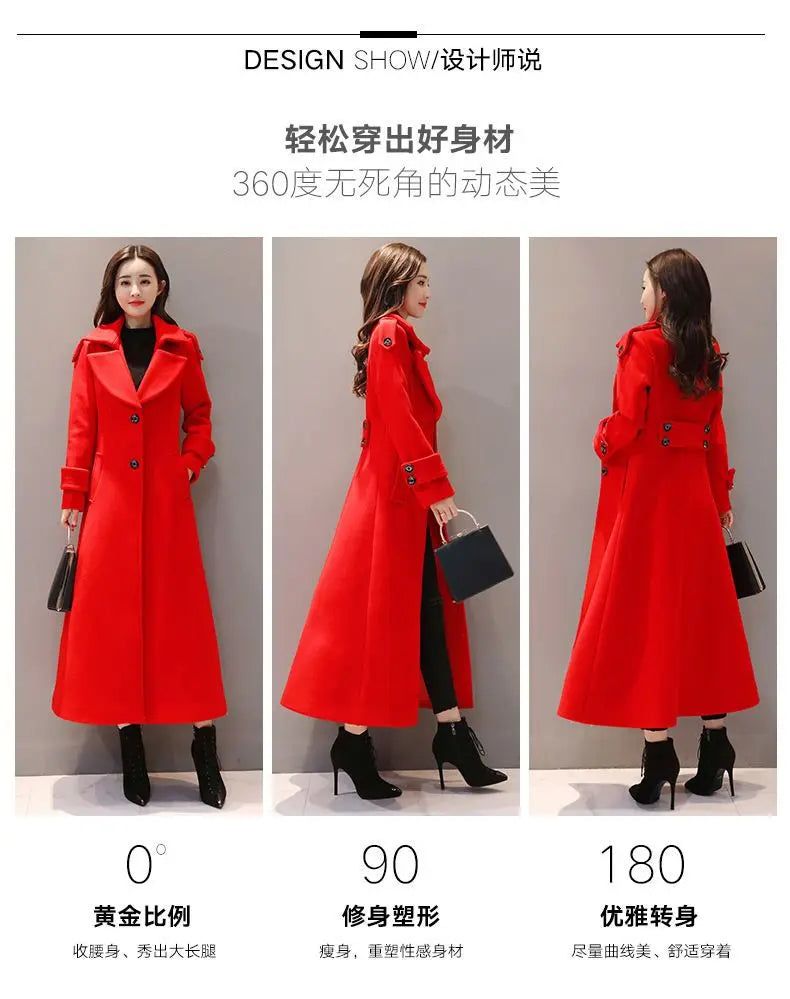 Women's Long Woolen Coat 2023 Spring Autumn New Korean Waist Slimming Over-Knee Thick Keep Warm Woolen Coat Lady Overcoat