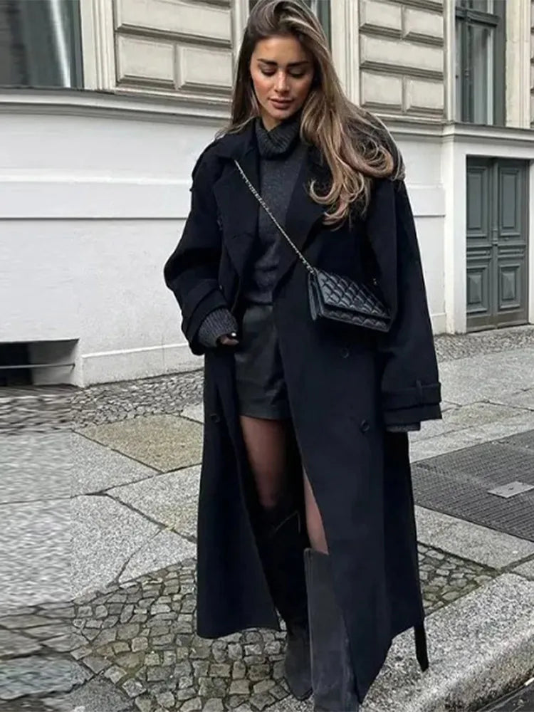 Woolen Breasted Long Coat Women Lapel Double Breasted Casual Pocket Chic Elegant Outwear Autumn Winter Street Lady Overcoat