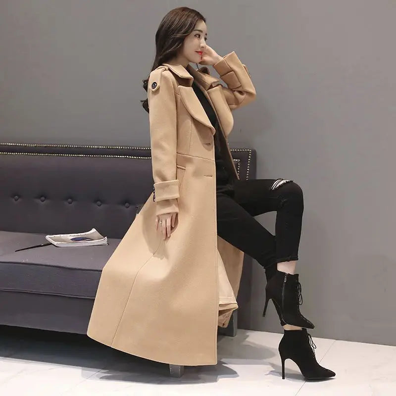 Women's Long Woolen Coat 2023 Spring Autumn New Korean Waist Slimming Over-Knee Thick Keep Warm Woolen Coat Lady Overcoat