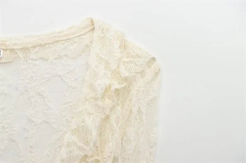 Women's Tops Summer 2025 New Chic Lace Perspective Elegant Holiday Tops Women Street Fashion Slim V-neck Youth Tops