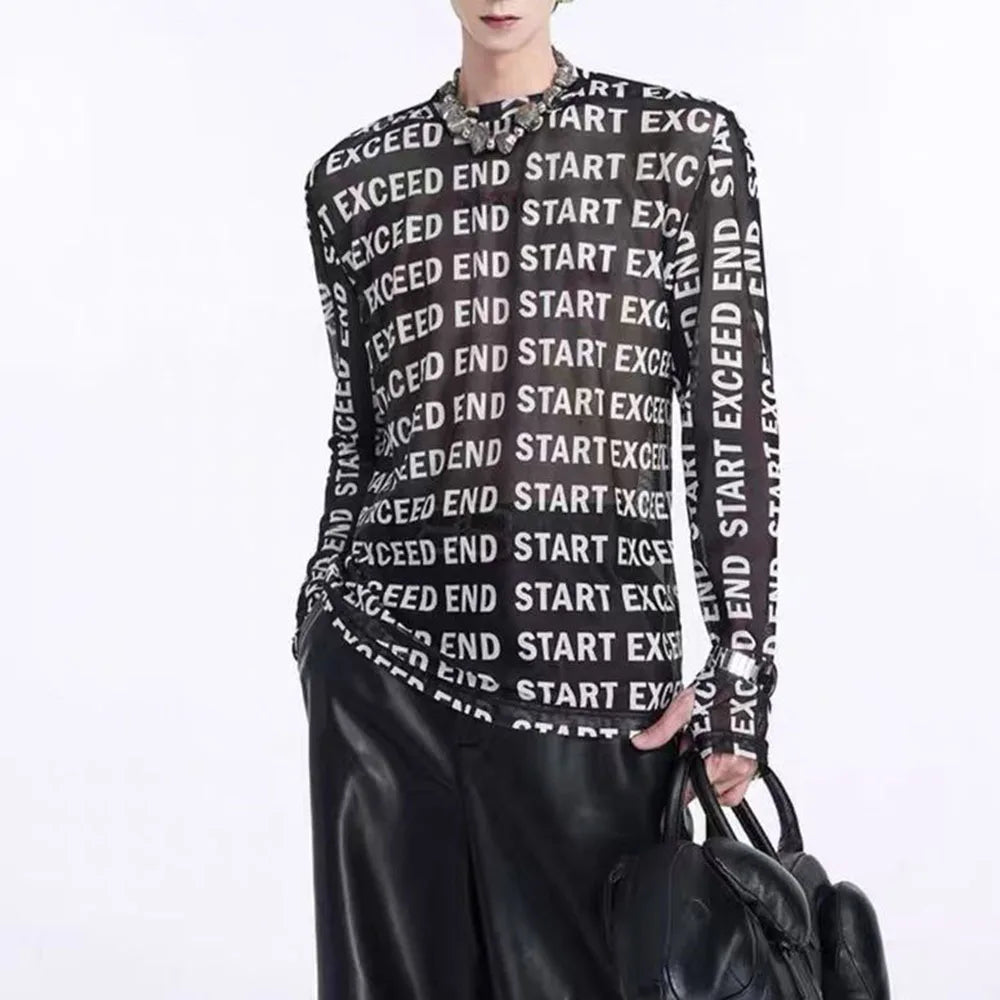 Mens Tops Fashion Letter Print Mesh Bottoming Shirt Men 2024 New American High Street Inner Wear Boys Hollow Long Sleeve T-Shirt