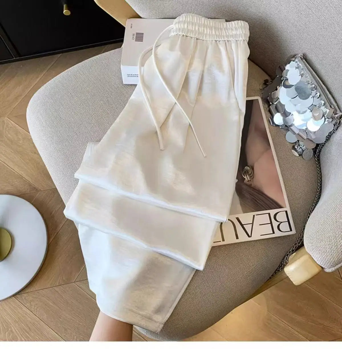 2025 Women's Loose Casual Trousers Summer New Lightweight Satin High Waist Wide Leg Pants Vintage All-match Straight Pants Femme