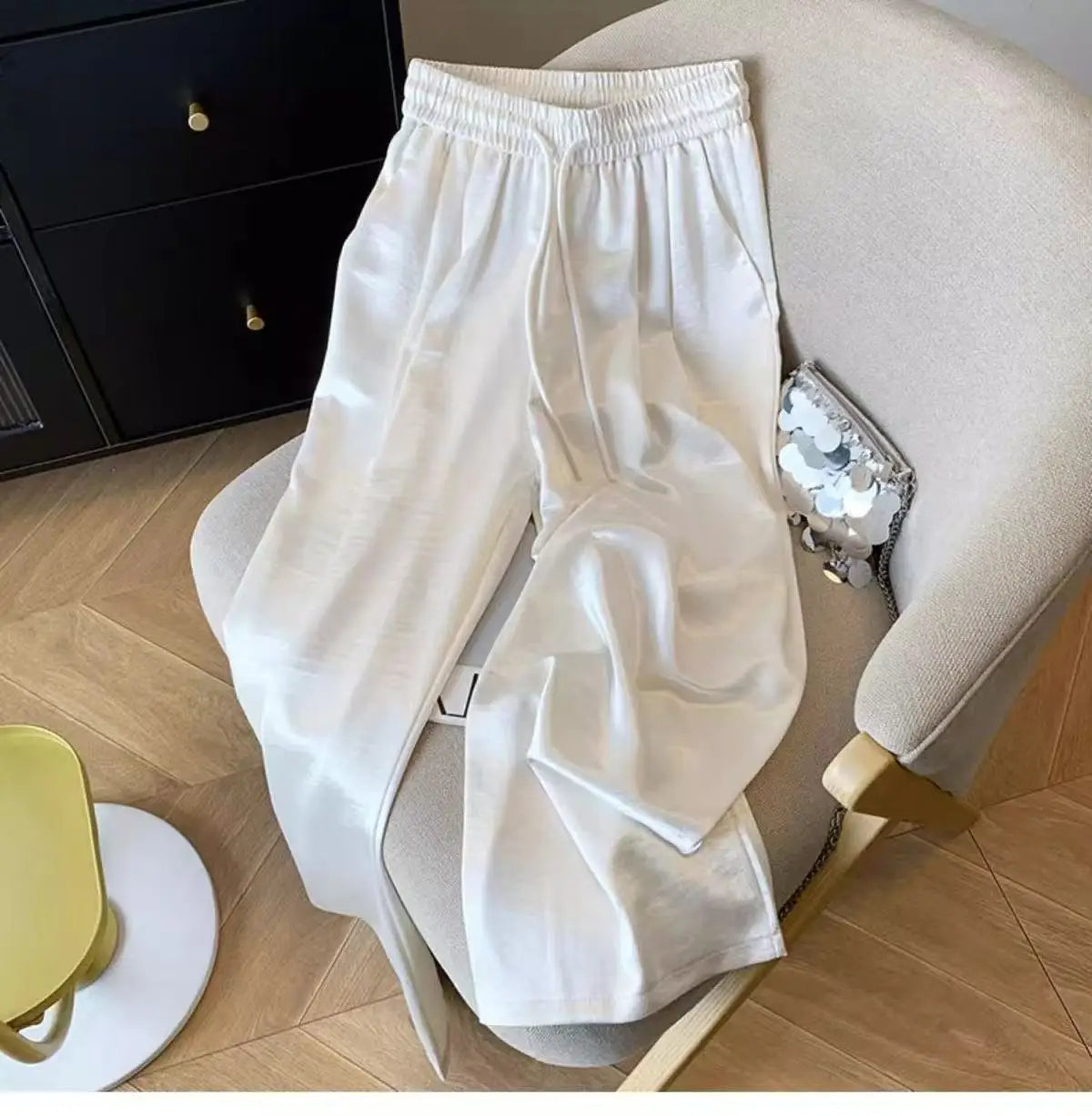 2025 Women's Loose Casual Trousers Summer New Lightweight Satin High Waist Wide Leg Pants Vintage All-match Straight Pants Femme