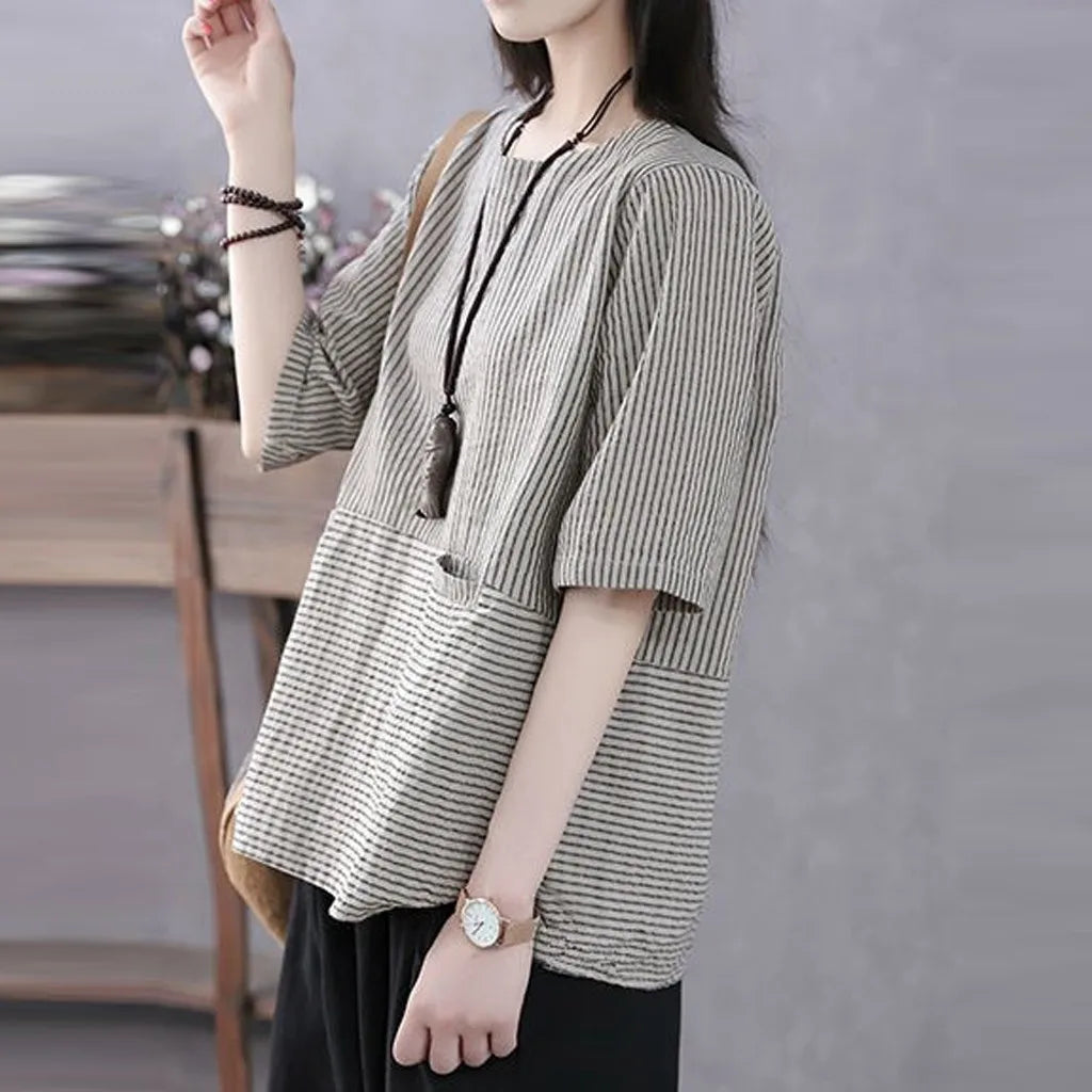 Women's Tops Fashion Loose Casual Vintage Stripe Print Floral Short Sleeves Top Blouse