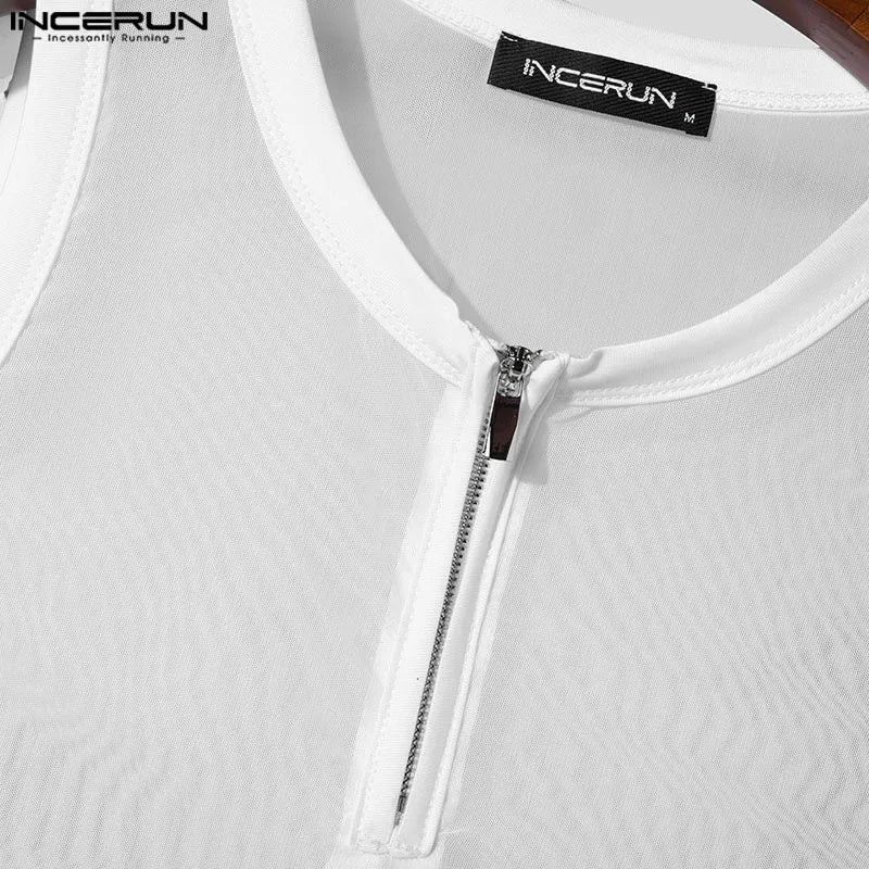 Men Tank Tops Summer Mesh See-Through Tops Tee INCERUN Sexy Sleevelesss Streetwear Party Irregular Men's Clothing Blouse S-3XL