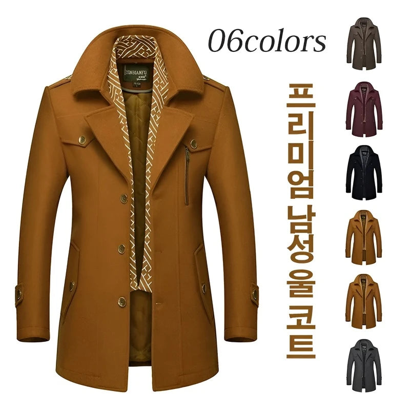 Men's Woolen Coats Fashion Thicken Mid Length Trench Turn Down Collar Warm Outerwear Business Casual Wool Coat