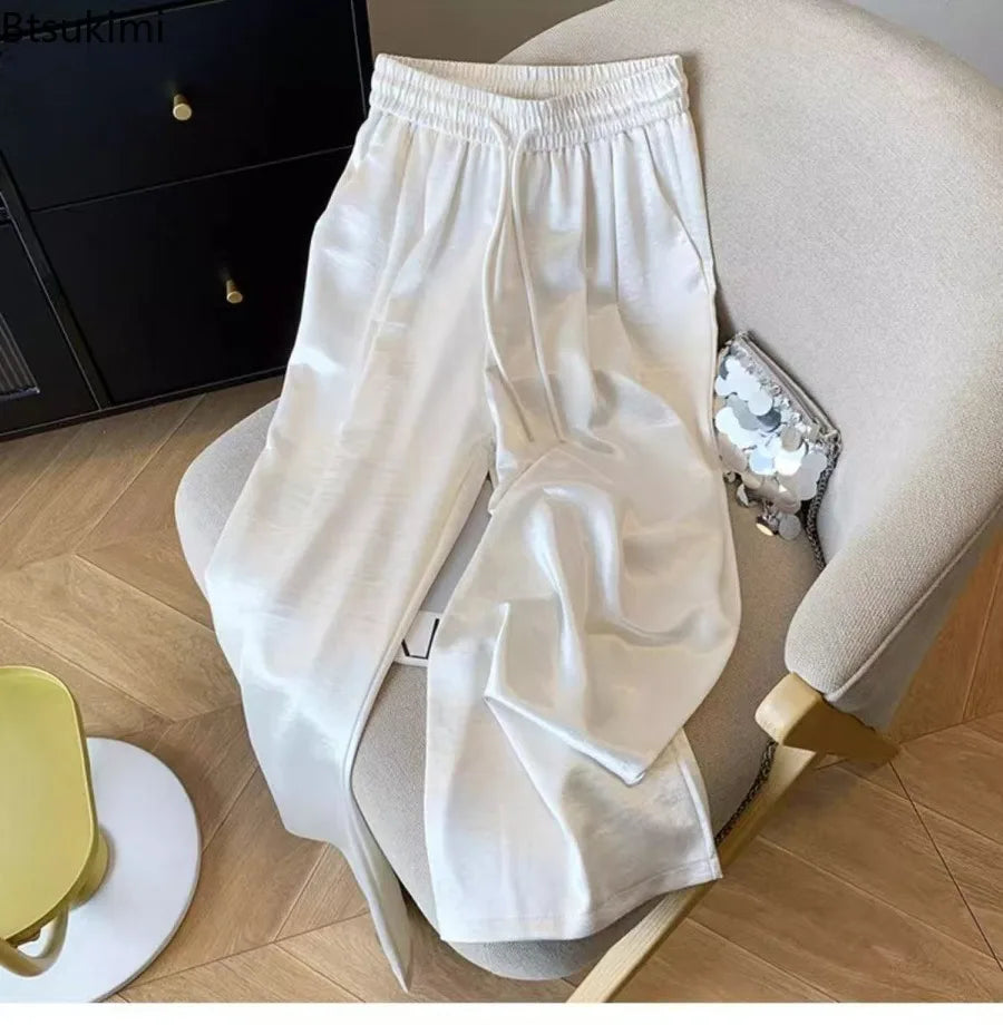 2025 Women's Loose Casual Trousers Summer New Lightweight Satin High Waist Wide Leg Pants Vintage All-match Straight Pants Femme