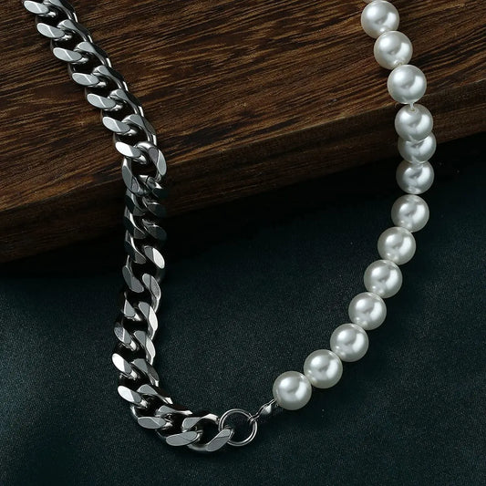 Pearl Necklace for Men-Half Pearl Half Chain Necklaces Cuban Link Chains for Men Stainless Steel Jewelry