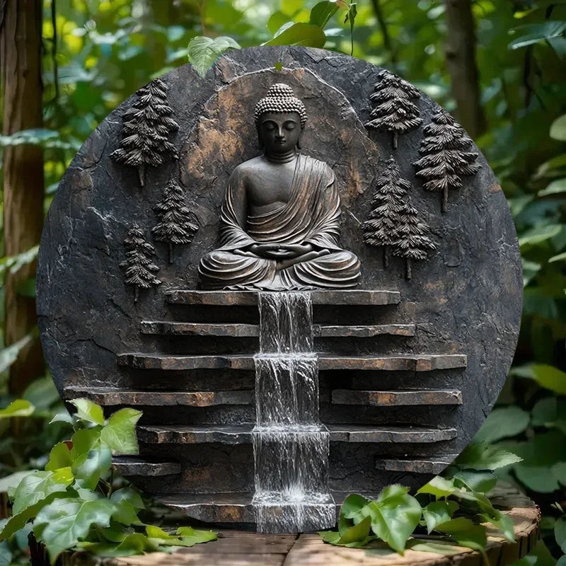 Wall art,Vintage Buddha Meditation Metal Wall Art -Sign with Serene Monk and Waterfall Design Yard,  Garden Wall Art