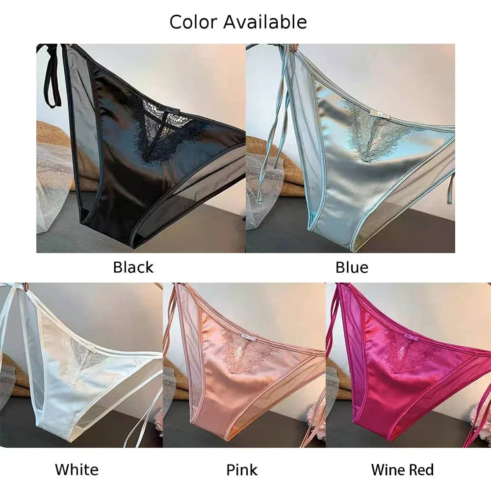 Women Lace Panties Lingerie Soft Silk Satin Underwear Knickers Briefs Seamless Simulated Silk Strap Low Waist Underwear For Lady