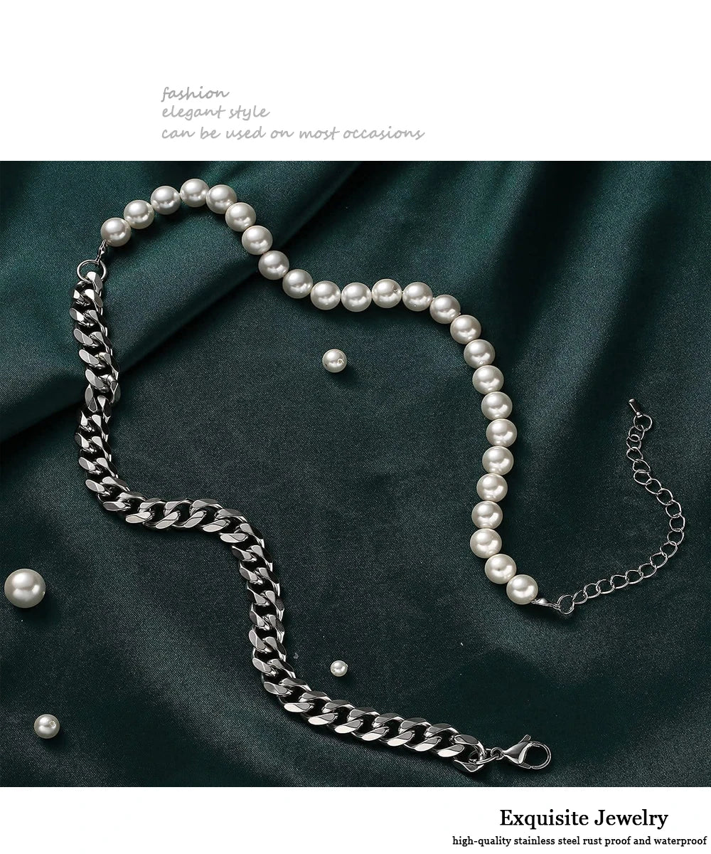 Pearl Necklace for Men-Half Pearl Half Chain Necklaces Cuban Link Chains for Men Stainless Steel Jewelry