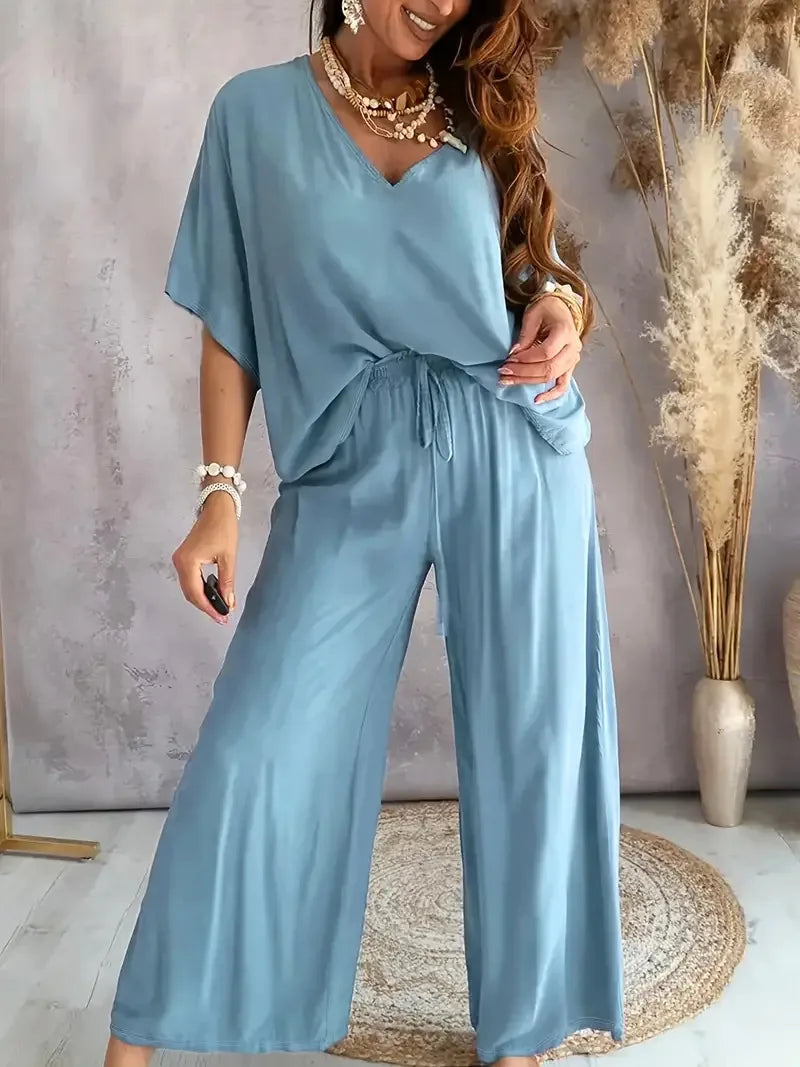 Women's Summer Trousers Suit V-neck Bat Sleeve Casual Top Lace-up Trousers Loose Solid Color Suit Two-piece Set