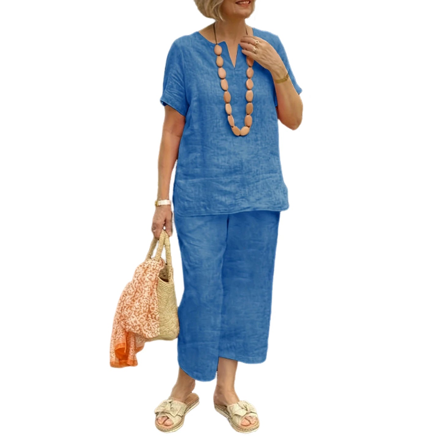 Women's Casual Suits Stylish Women's Cotton Linen Summer Suit with Wide Leg Pants Casual Loose Fit Two for Ladies for Summer