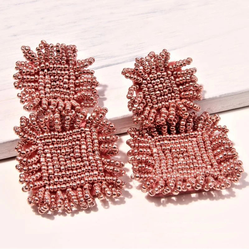 Handmade Beaded Earrings Statement Jewelry Wedding Bridal Gift Bohemian Big Square Fringed Drop Dangle Earrings Ethnic Party
