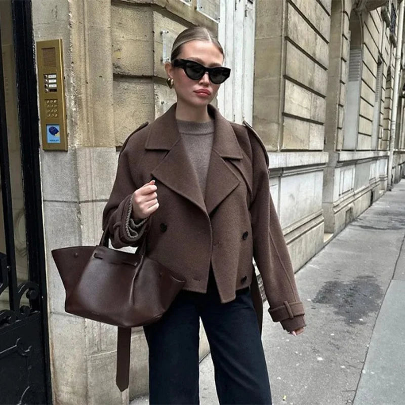 Woolen Breasted Long Coat Women Lapel Double Breasted Casual Pocket Chic Elegant Outwear Autumn Winter Street Lady Overcoat