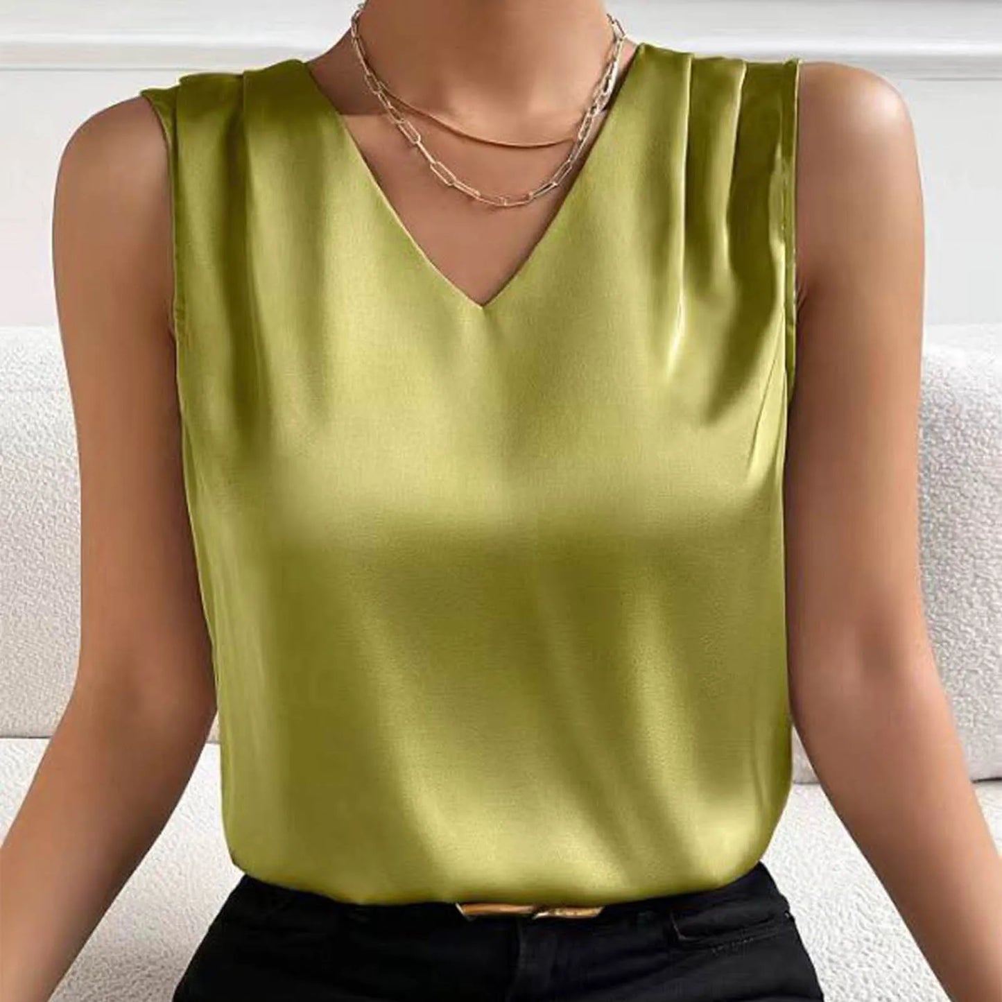 Coffee Tops For Women Summer V Neck Casual Soild Color Satin Sleeveless Basic Vest Shirt Fashionable Simple Apparel Shirts