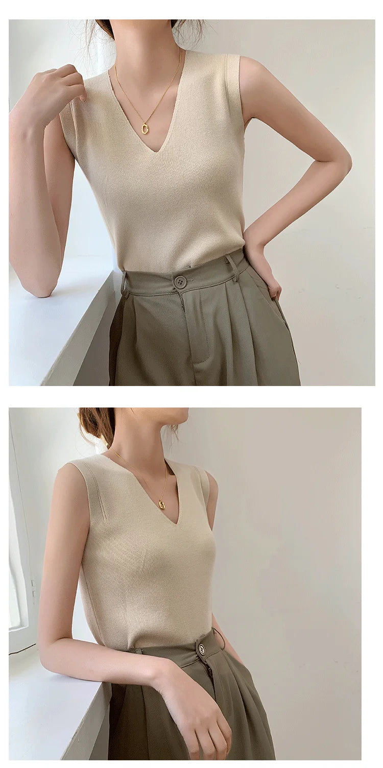 Summer Women Knitted Tank Tops Women Thin Tops Basic Casual Tank Tops V-neck Tees Sleeveless Tops For Women