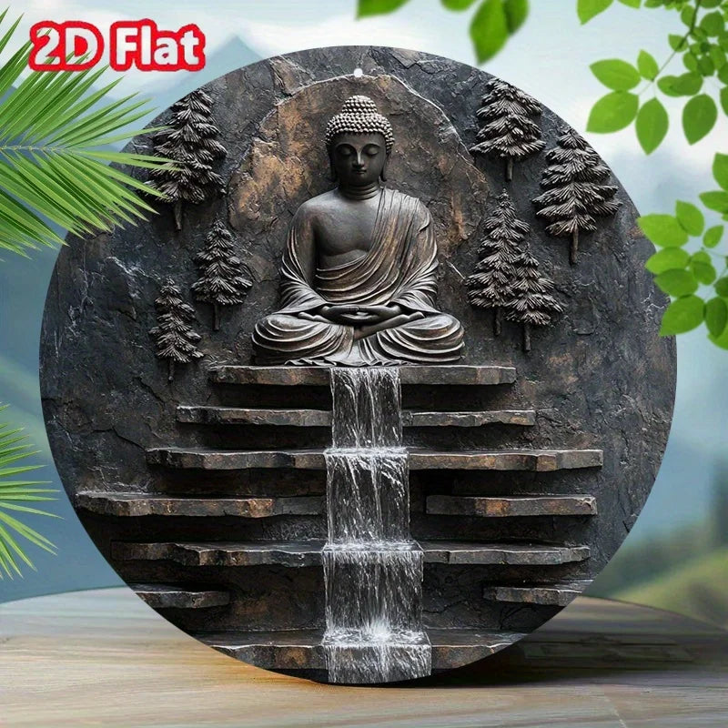 Wall art,Vintage Buddha Meditation Metal Wall Art -Sign with Serene Monk and Waterfall Design Yard,  Garden Wall Art