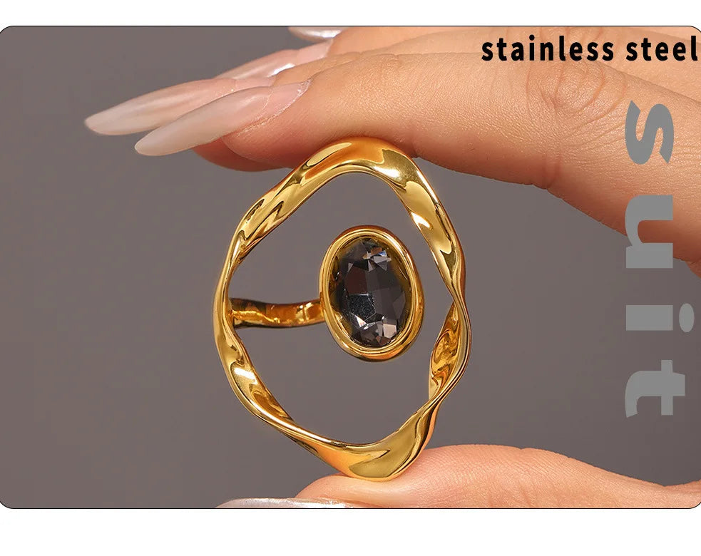 Irregular Twist Geometric Hyperbole Ring With Large Rhinestone For Women 18k Gold Plated Waterproof Women's Aesthetic Rings