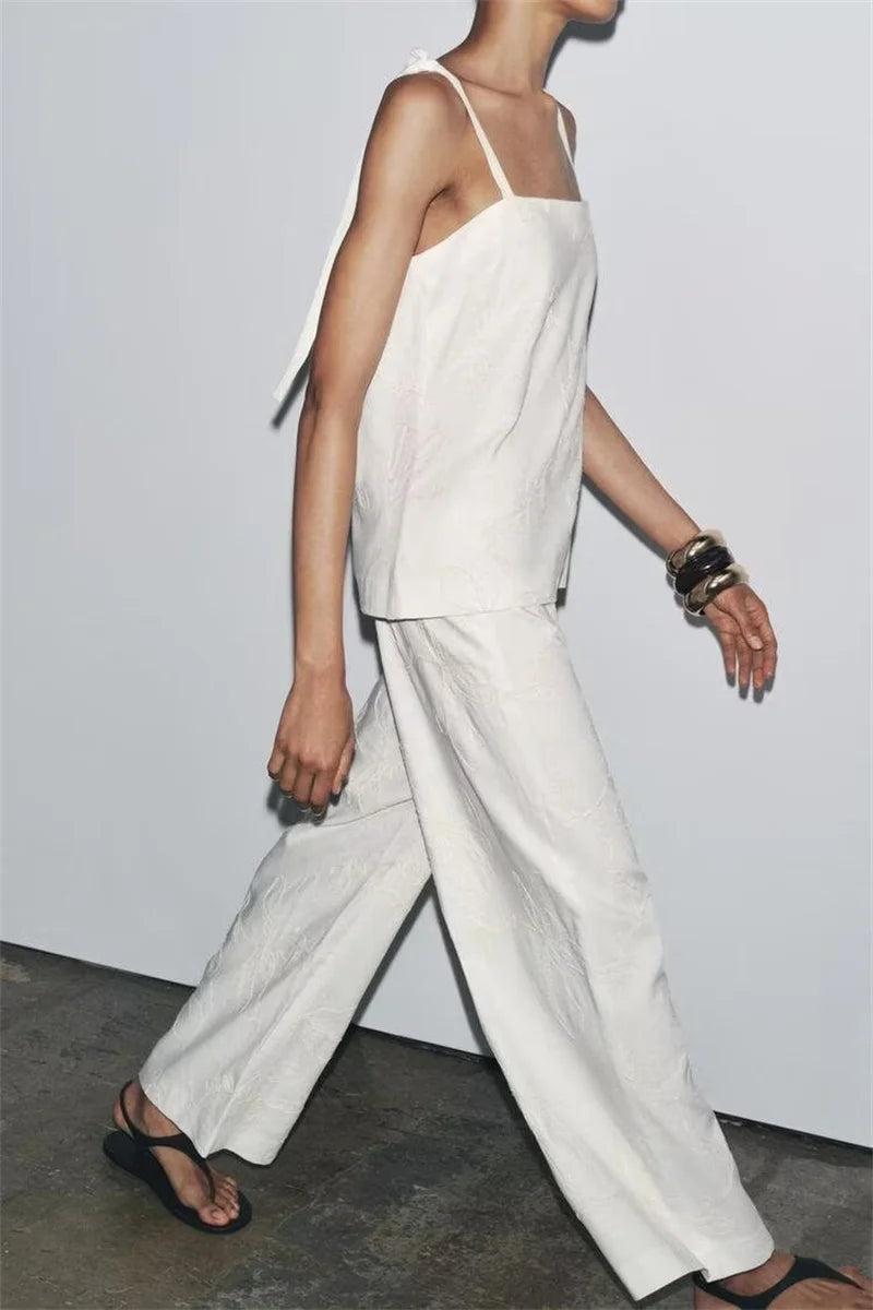 Women's suit New Summer 2025 White Camisole Wide-leg Pants Set Embroidered Trim Sexy Casual Personality Fashion