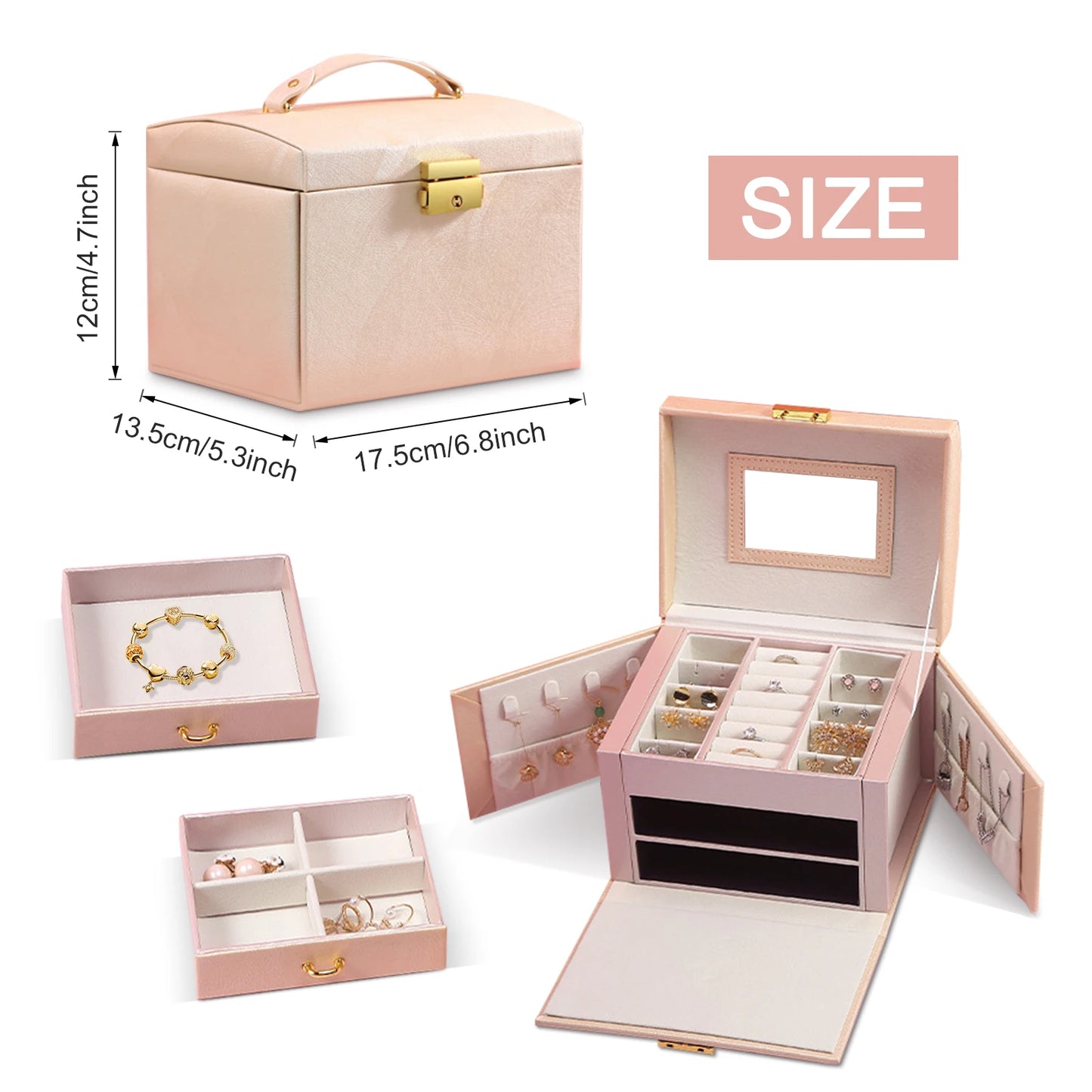 Jewelry Box for Women 3 Layers Large Jewelry Organizer with velvet Travel Jewelry Storage Organizer for Earring Ring Necklace
