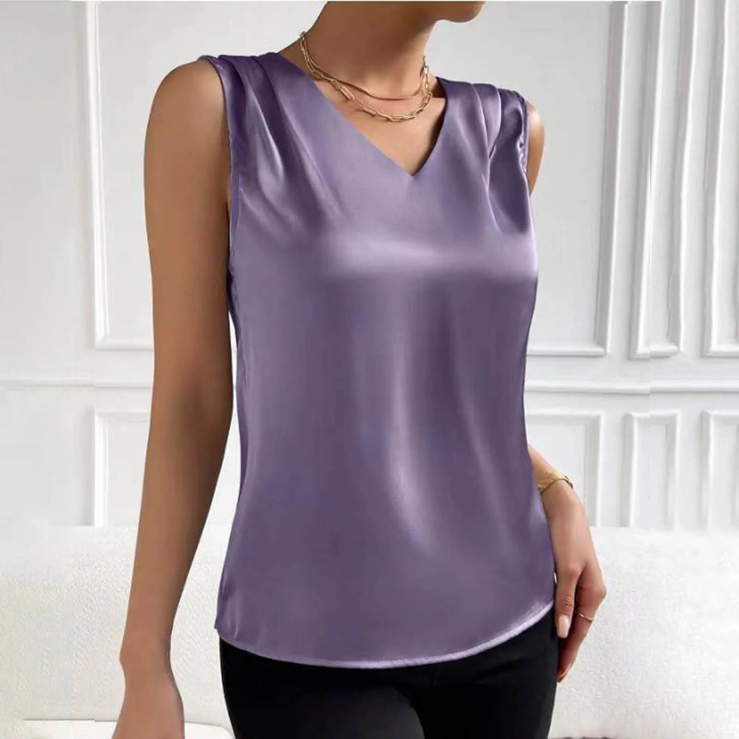 Coffee Tops For Women Summer V Neck Casual Soild Color Satin Sleeveless Basic Vest Shirt Fashionable Simple Apparel Shirts